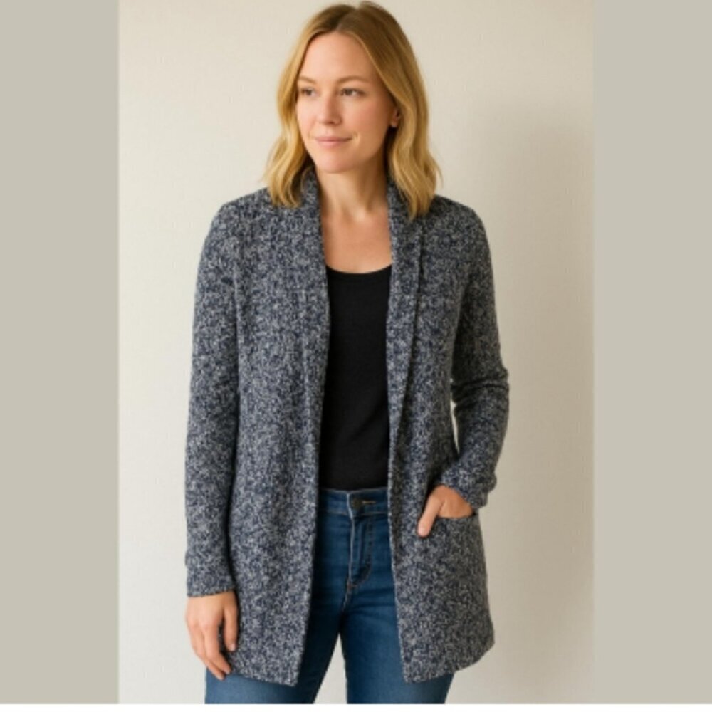 MASSIMO DUTTI | Open front cardigan marled navy white pockets sz S